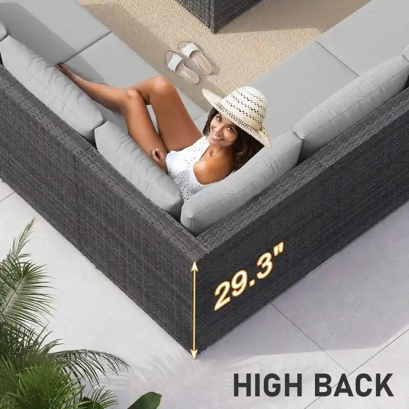 FINCATI Ensemble de patio sectionnel d'extérieur en osier 7 pièces à dossier haut avec table foyer de 43 po, ensemble de conversation de luxe surdimensionné de 500 lb