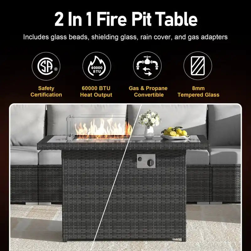 FINCATI Ensemble de patio sectionnel d'extérieur en osier 7 pièces à dossier haut avec table foyer de 43 po, ensemble de conversation de luxe surdimensionné de 500 lb