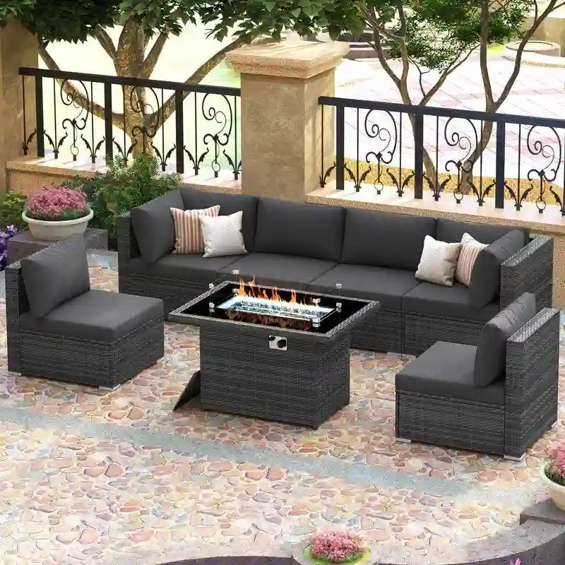 FINCATI Ensemble de patio sectionnel d'extérieur en osier 7 pièces à dossier haut avec table foyer de 43 po, ensemble de conversation de luxe surdimensionné de 500 lb