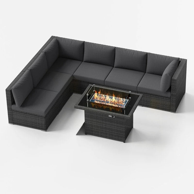 FINCATI Ensemble de patio sectionnel d'extérieur en osier 7 pièces à dossier haut avec table foyer de 43 po, ensemble de conversation de luxe surdimensionné de 500 lb