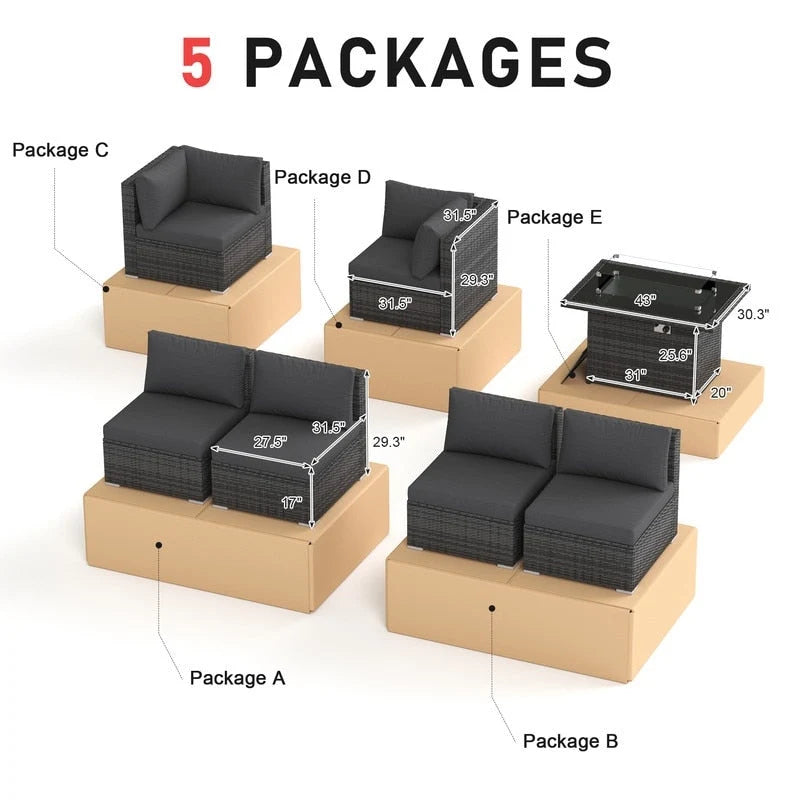 FINCATI Ensemble de patio sectionnel d'extérieur en osier 7 pièces à dossier haut avec table foyer de 43 po, ensemble de conversation de luxe surdimensionné de 500 lb