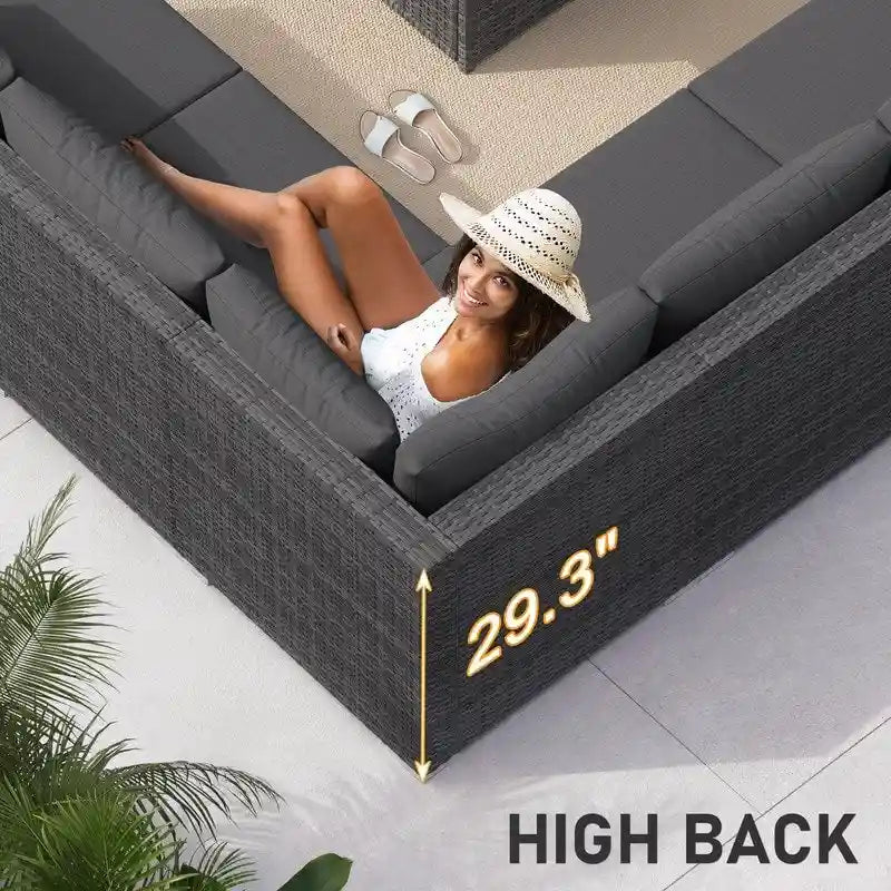 FINCATI Ensemble de patio sectionnel d'extérieur en osier 7 pièces à dossier haut avec table foyer de 43 po, ensemble de conversation de luxe surdimensionné de 500 lb