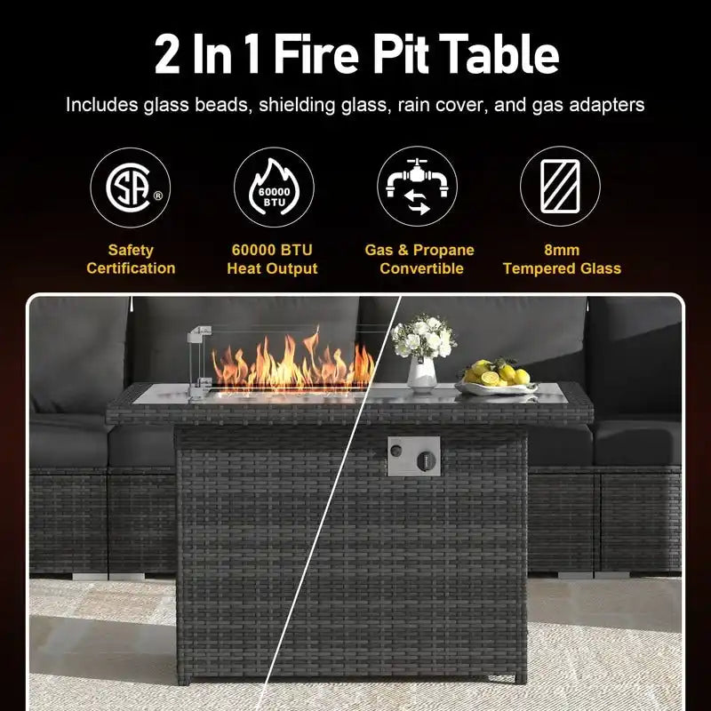 FINCATI Ensemble de patio sectionnel d'extérieur en osier 7 pièces à dossier haut avec table foyer de 43 po, ensemble de conversation de luxe surdimensionné de 500 lb