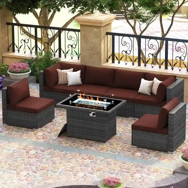 FINCATI Ensemble de patio sectionnel d'extérieur en osier 7 pièces à dossier haut avec table foyer de 43 po, ensemble de conversation de luxe surdimensionné de 500 lb