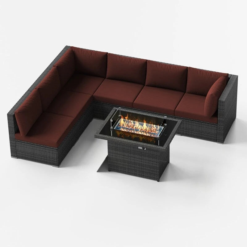 FINCATI Ensemble de patio sectionnel d'extérieur en osier 7 pièces à dossier haut avec table foyer de 43 po, ensemble de conversation de luxe surdimensionné de 500 lb