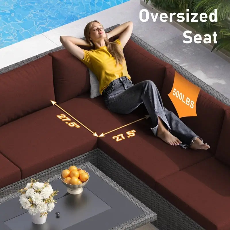 FINCATI Ensemble de patio sectionnel d'extérieur en osier 7 pièces à dossier haut avec table foyer de 43 po, ensemble de conversation de luxe surdimensionné de 500 lb