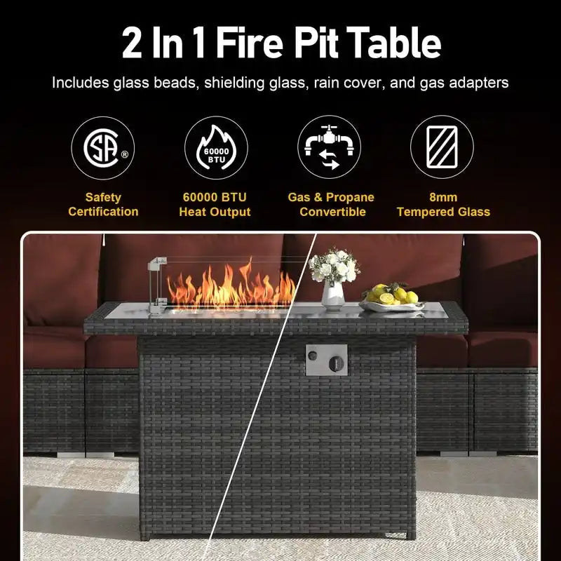 FINCATI Ensemble de patio sectionnel d'extérieur en osier 7 pièces à dossier haut avec table foyer de 43 po, ensemble de conversation de luxe surdimensionné de 500 lb