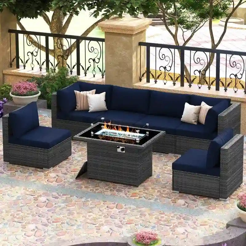 FINCATI Ensemble de patio sectionnel d'extérieur en osier 7 pièces à dossier haut avec table foyer de 43 po, ensemble de conversation de luxe surdimensionné de 500 lb