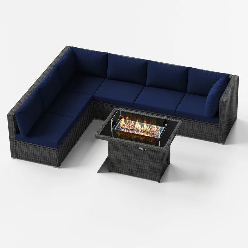 FINCATI Ensemble de patio sectionnel d'extérieur en osier 7 pièces à dossier haut avec table foyer de 43 po, ensemble de conversation de luxe surdimensionné de 500 lb