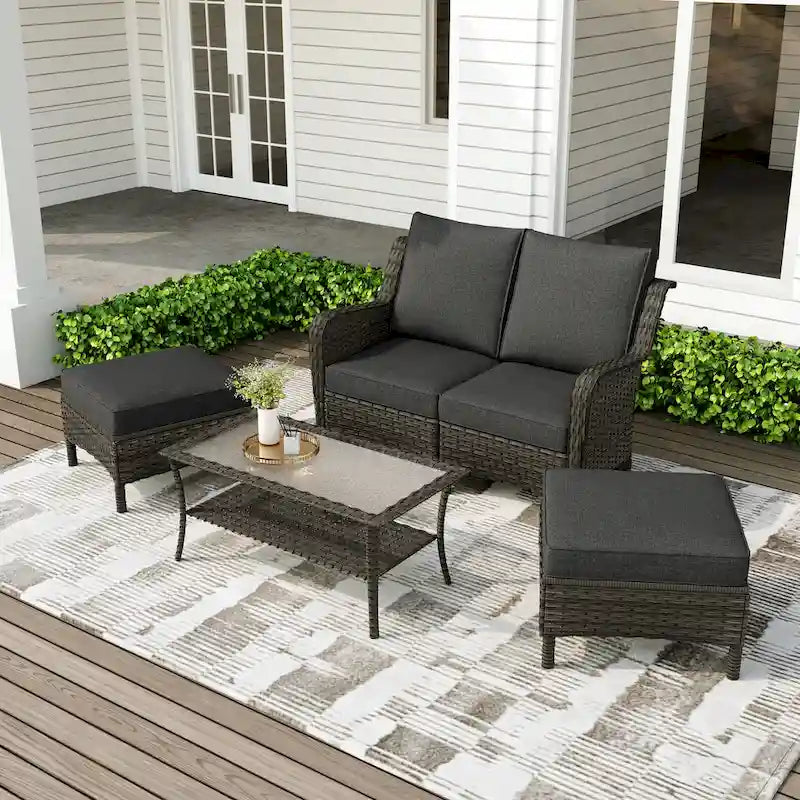 Salon de jardin en rotin avec canapé modulable et pouf