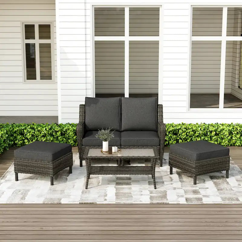 Salon de jardin en rotin avec canapé modulable et pouf