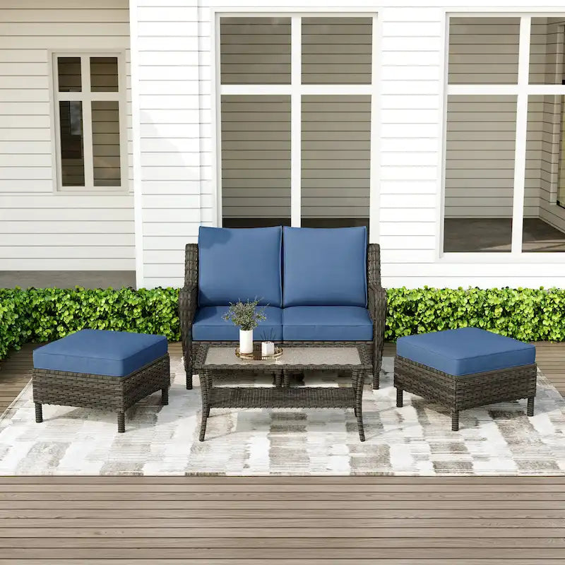 Salon de jardin en rotin avec canapé modulable et pouf