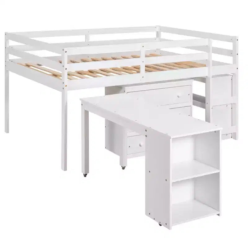 Full Size Low Loft Bed with Rolling Desk, 3 Drawers and Shelves