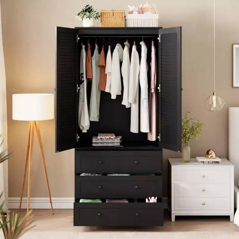 COZONY Armoire Wardrobe with 3 Drawers & 2 Doors, Modern Wooden Closet Cabinet for Bedroom, Heavy Duty White Standing Armoire