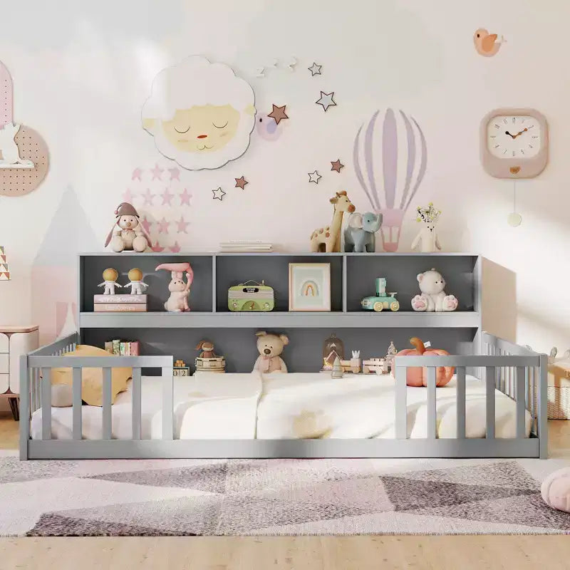Twin/Full Size Montessori Floor Bed with Bookcase Storage Shelves & Safety Fence Rails White/Gray