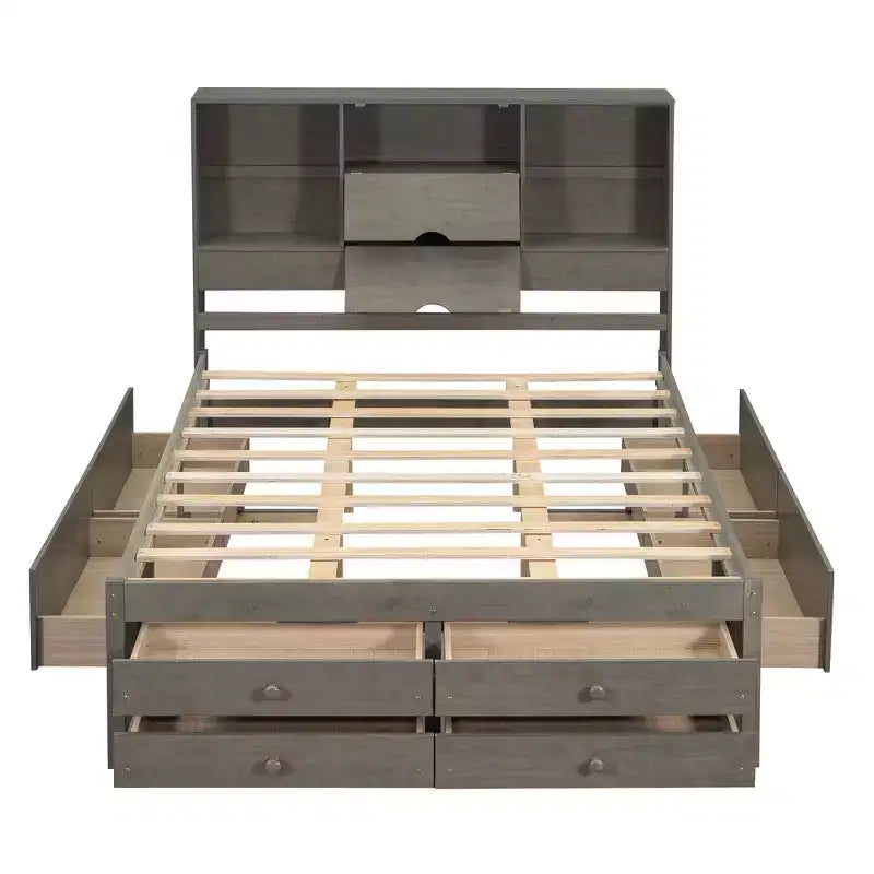 Queen Size Platform Bed with Storage Shelf and 8 Drawers, Easy Assembly