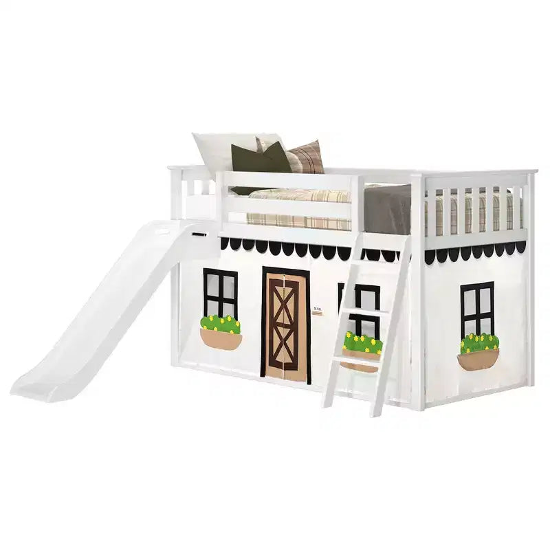 Twin Over Twin Low Bunk With Easy Slide & Black & White Farmhouse Curtain