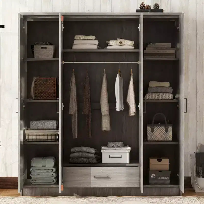 Wood 4-Door Wardrobe Armoire with Hanging Rod, 1-Drawer and Storage Shelves