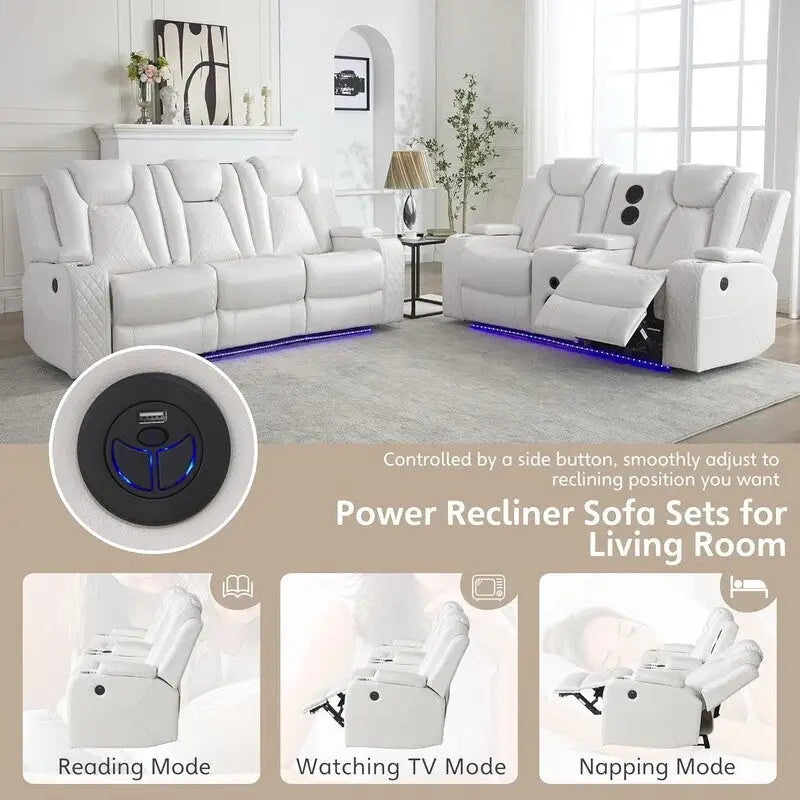 Power Reclining Sofa with Wireless Charger,Reading Light for Living Room,Faux Leather LED Light,AC/USB Port,Cup Holder,Black