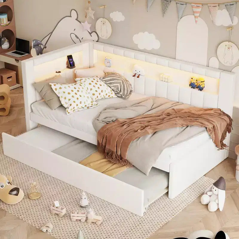 Lit de repos double/complet avec tiroir gigogne et tête de lit bibliothèque en L, lit d'angle doux rembourré en lin avec étagères de rangement et bande LED