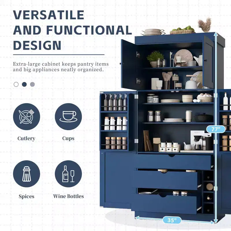 77H Freestanding Kitchen Pantry, Farmhouse Storage Cabinet with Adjustable Shelves, Door Shelves, Drawers & Wine Racks - ModernLuxe