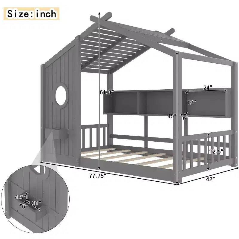 Floor House Bed with Built-In Storage Shelves & Slatted Roof