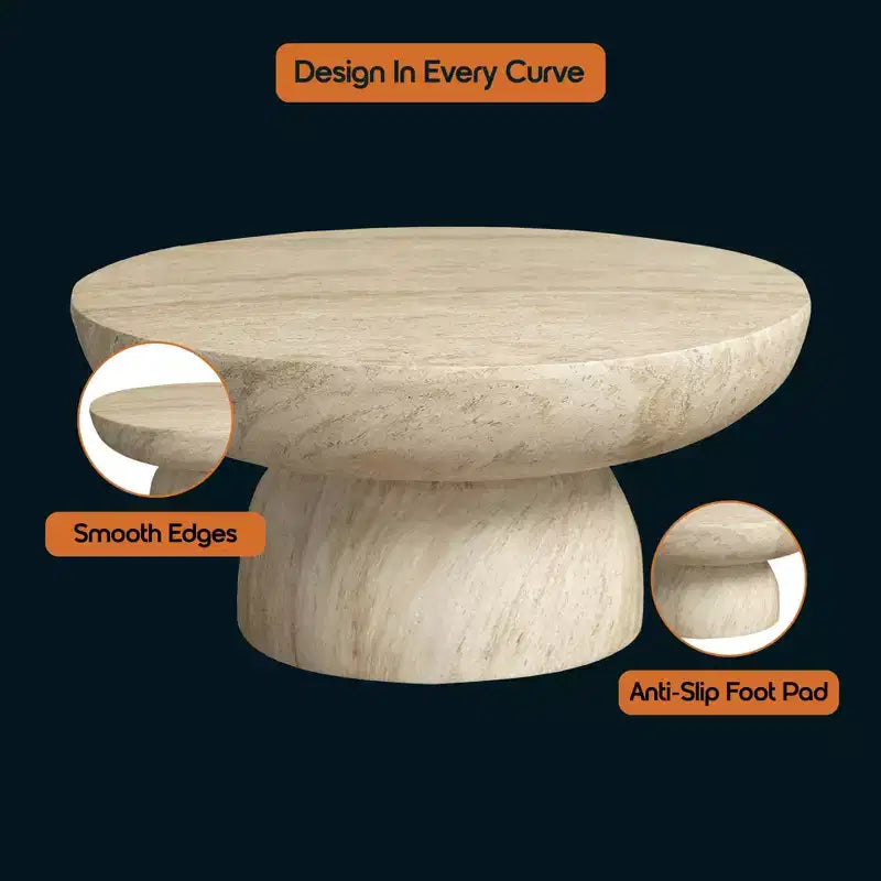 Round Fiberstone Pedestal Coffee Table, Indoor & Outdoor Sculpted Accent Table with Anti-Slip Foot Pads