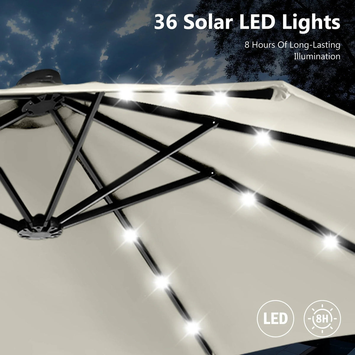 MAISON ARTS 15-foot Rectangular Crank Double-sided Outdoor Market Umbrella Solar LED Lighted Patio Umbrella with Base Included