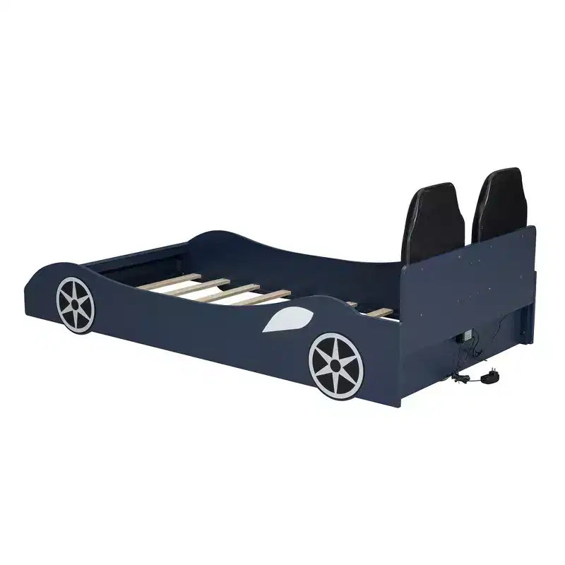 Whisen Wood Twin Size Race Car-Shaped Platform Bed with LED and Upholstered Backrest