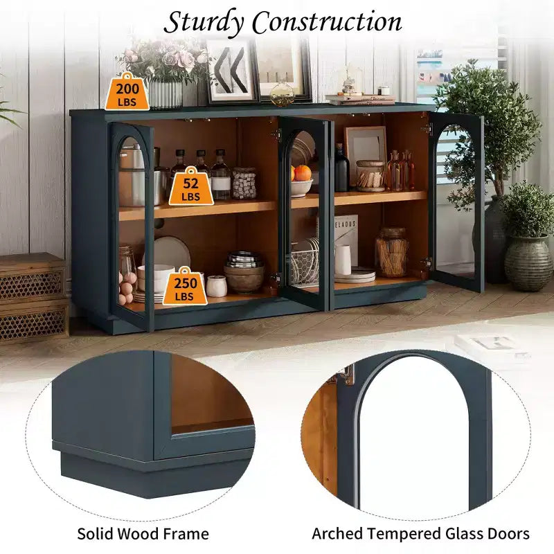 4-Door Large Storage Buffet Cabinet with Glass Doors, Arched Cabinet with Adjustable Shelves for Kitchen