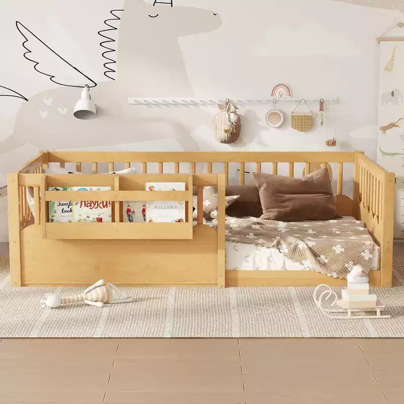 Bellemave Kids Floor Bed with Heightened Fence and Bookshelf, Wooden Twin Montessori Bed Frame for Girls Boys