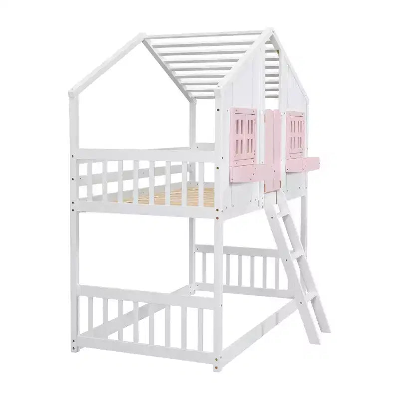 Twin Size House-Shaped Loft Bed, Wood Playhouse Loft Bed with Ladder & Guardrails for Kids