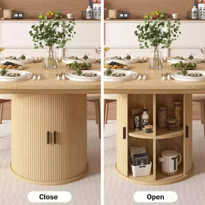 Dyonery 63 Extendable Round Kitchen Dining Room Table with 2-Tier Storage Shelf, with Pedestal Base, Wood Oval Circle Dinner Furniture, Walnut