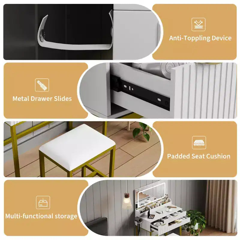 Vanity Desk with Mirror and Lights, LED Lighted Mirror Design, Ample Storage Drawers for Cosmetics and Toiletries Organization