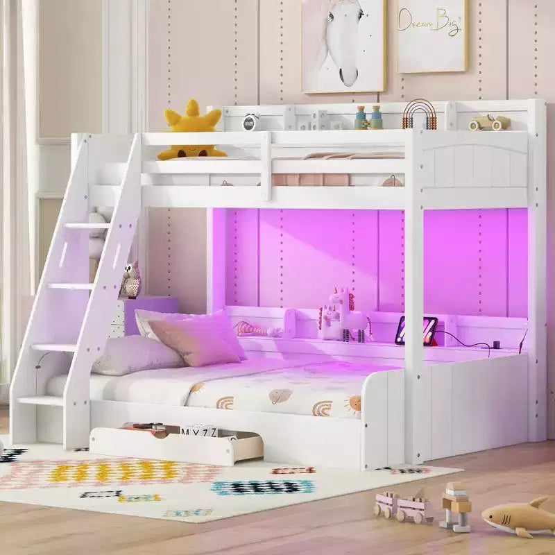 Twin over Full Bunk Bed with Storage, LED Lights & Charging Station, Wood Bunked Bed Beside Shelves for Kids & Teens