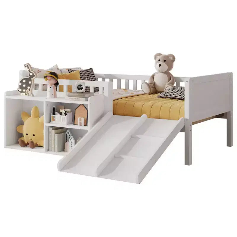 Whisen Twin Size Low Loft Bed Frame for Kids with Slide, Movable Bookshelf Storage, Guardrails, Low Loft Bed Frame