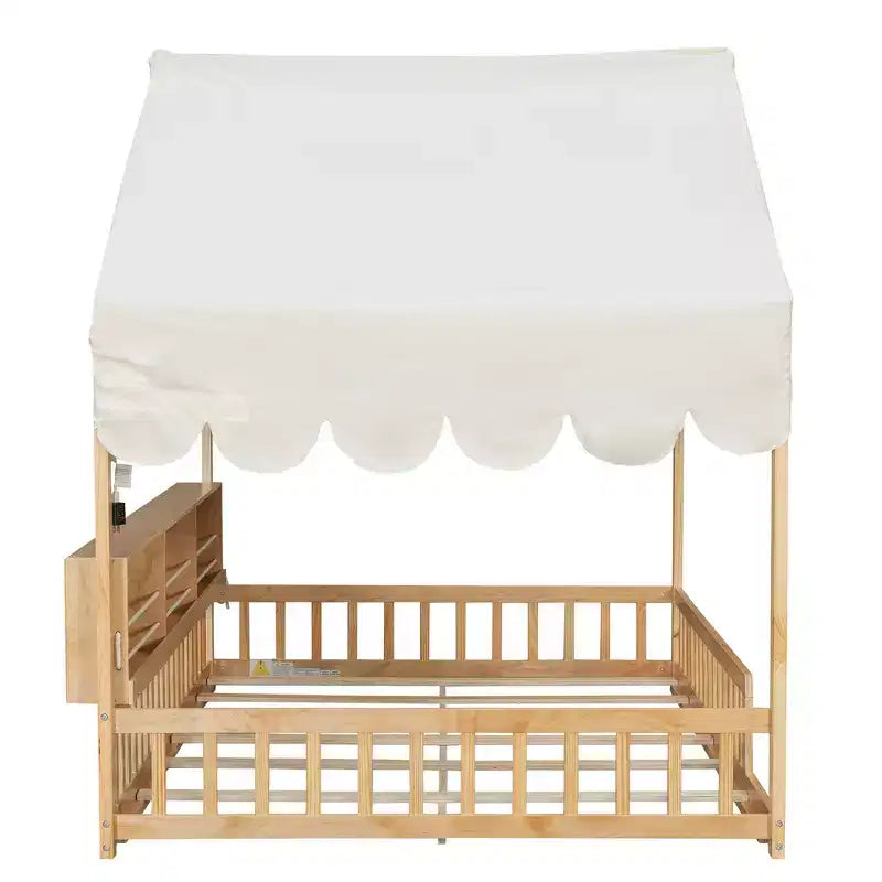 Whisen Full Size Wooden Floor Bed Frame, House-Shaped Daybed with Fense, 3 Storage Bookshelves, Curtain