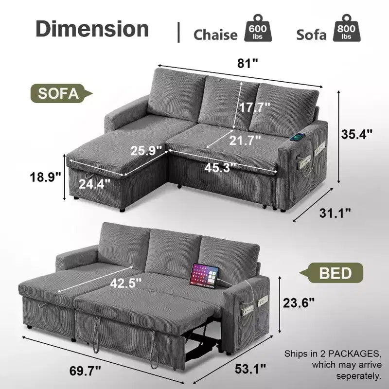 Dyonery 2 in 1 Pull Out Sleeper Sofa with Storage Chaise C Corduroy Sectional Couch with USB Ports for Living Room