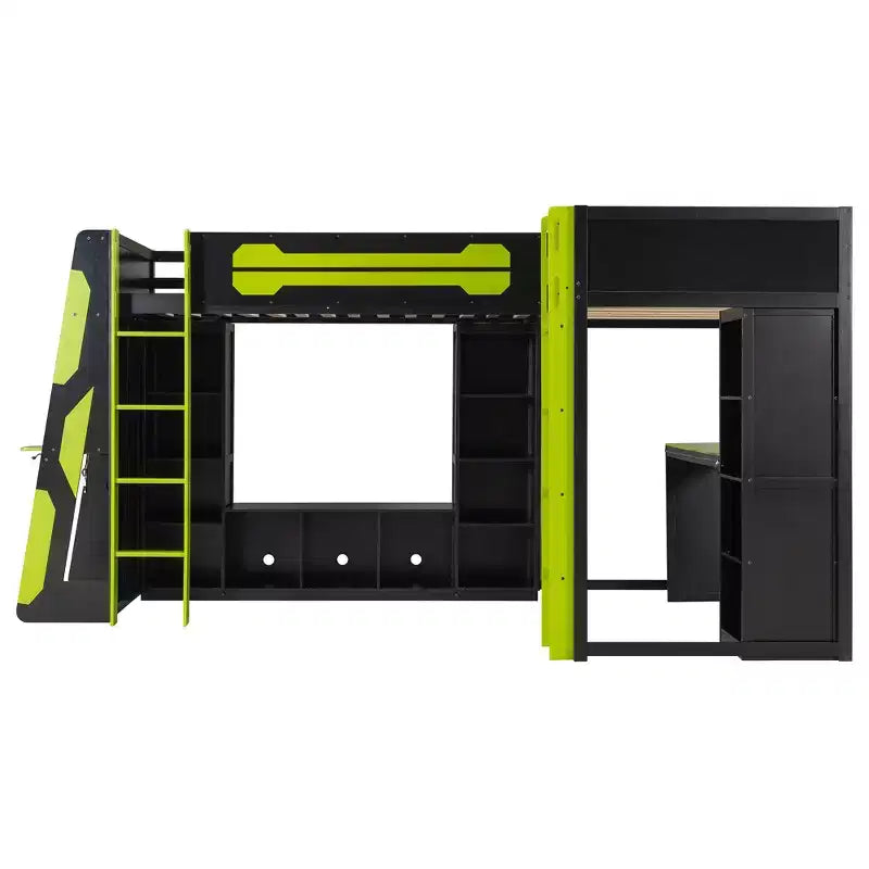 L-Shaped Gaming Loft Bed with Desks, Double Twin Loft Beds with LED Lights, USB Ports, Storage Bookshelves, Wood Corner Loft Bed for 2