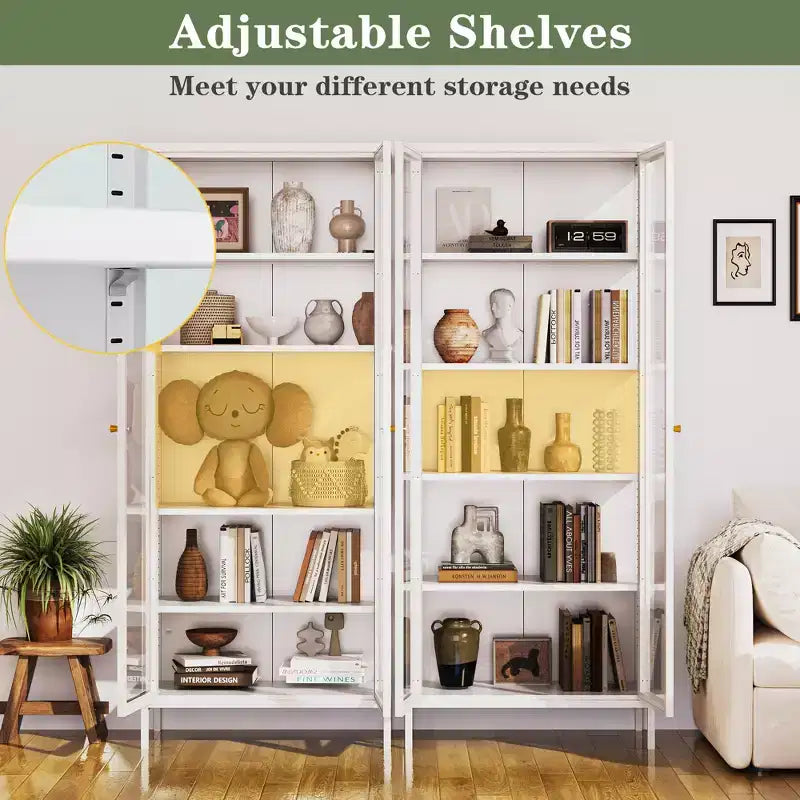 Bekrvio 67H 3-Side Glass Display Cabinet With LED Lights,5-Layer Storage with Double Doors and Metal Frame for Collectibles, Ideal for Small Spaces