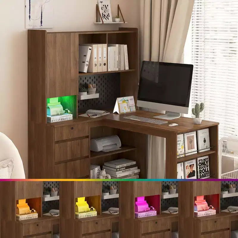 46-Inch L-Shaped Corner Desk with Bookshelf and Drawers