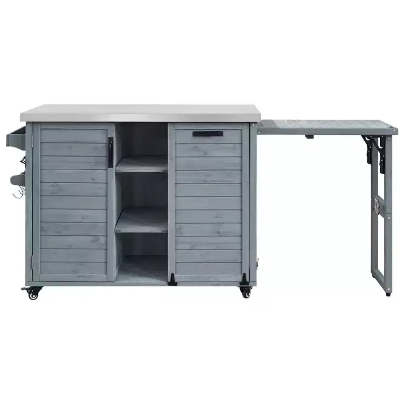 FAMYYT 78.3-Inch Outdoor Kitchen Island with Stainless Steel Countertop, Foldable BBQ Station, and Storage Cabinets, Grey Blue