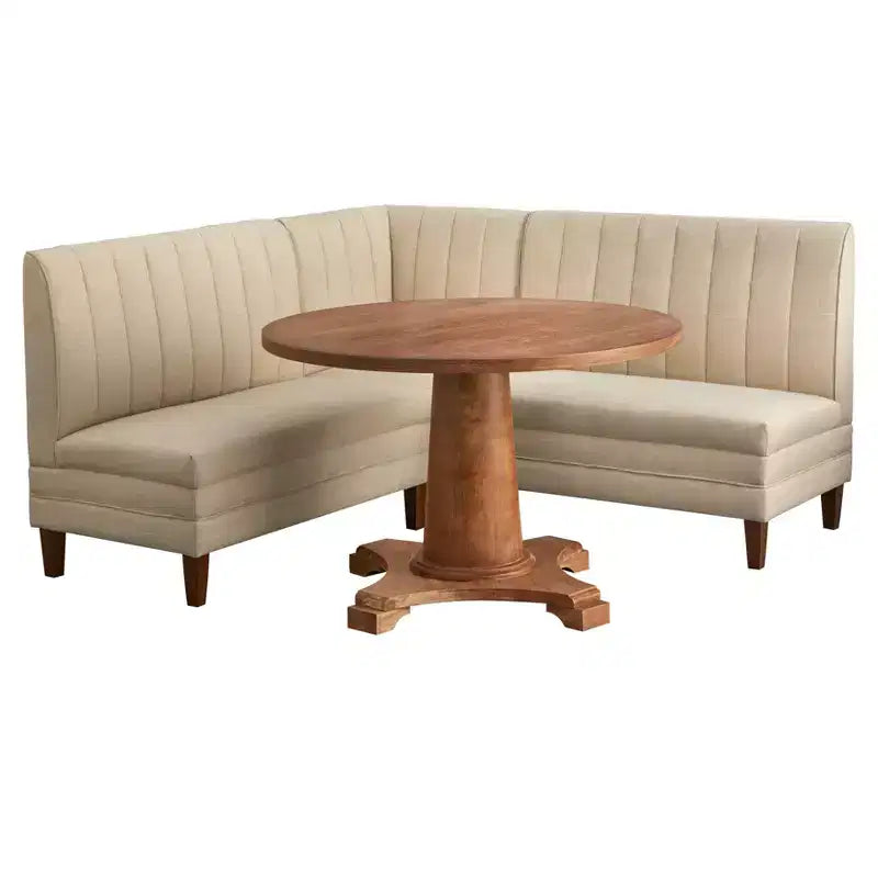 Lifestorey 4pc Kerrington Channel Back Banquette Dining Set Walnut/Cream: Linen-Look Fabric, Pedestal Table