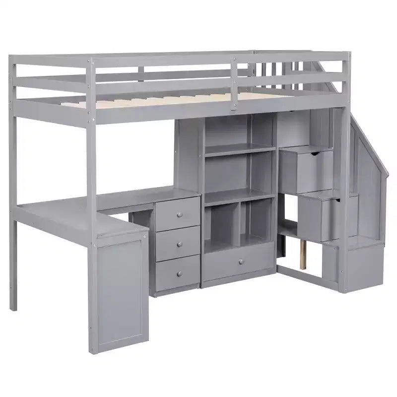 Twin Size Loft Bed with L-Shaped Desk, 3 Drawers, Cabinet, Staircase Storage, Solid Pine/MDF Build