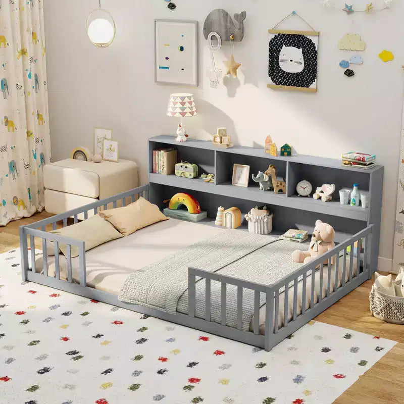 Twin/Full Size Montessori Floor Bed with Bookcase Storage Shelves & Safety Fence Rails White/Gray
