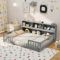 Twin/Full Size Montessori Floor Bed with Bookcase Storage Shelves & Safety Fence Rails White/Gray