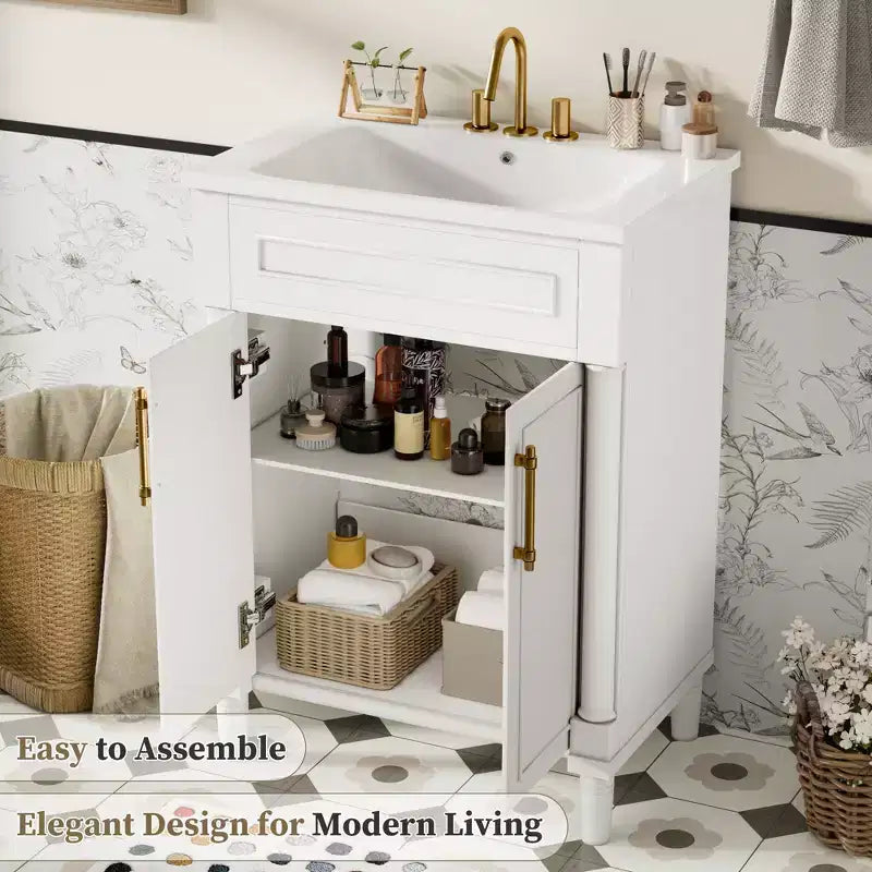 24 Bathroom Vanity with Ceramic Sink, Shaker Cabinet, 2 Soft-Close Doors, Solid Wood Frame for Small Bathroom or Powder Room