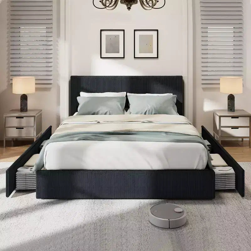 CuisinSmart Corduroy Bed Frame with Headboard, Platform Upholstered Bed Frame with 4 Storage Drawers and Wooden Slats Support