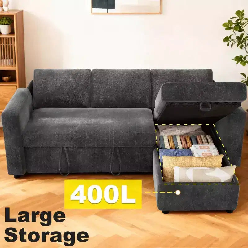 2-in-1 Pull Out Sleeper Sofa with Storage Chaise, Chenille Sectional Couch with USB Ports for Living Room