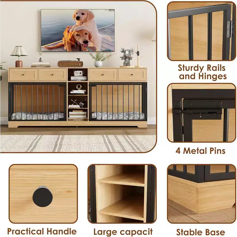 82 Double Dog Crate Furniture, Large Dog Kennel Indoor for 2 Dogs, Heavy Duty Wooden Dog Crate TV Stand with 4 Drawers and Shelves